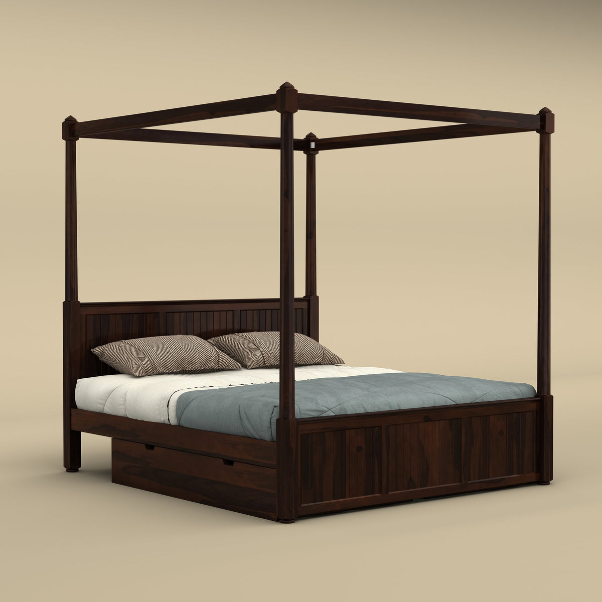 Andaman Narcodam Canopy Bed with Drawer (Queen Size, Walnut Finish)