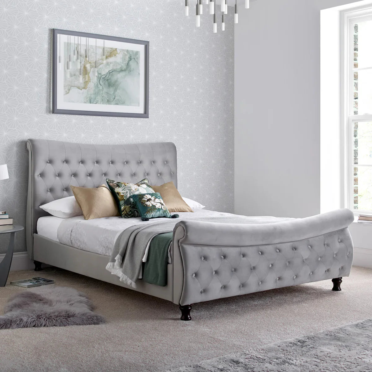 Duxford Grey Velvet Chesterfield Sleigh Bed