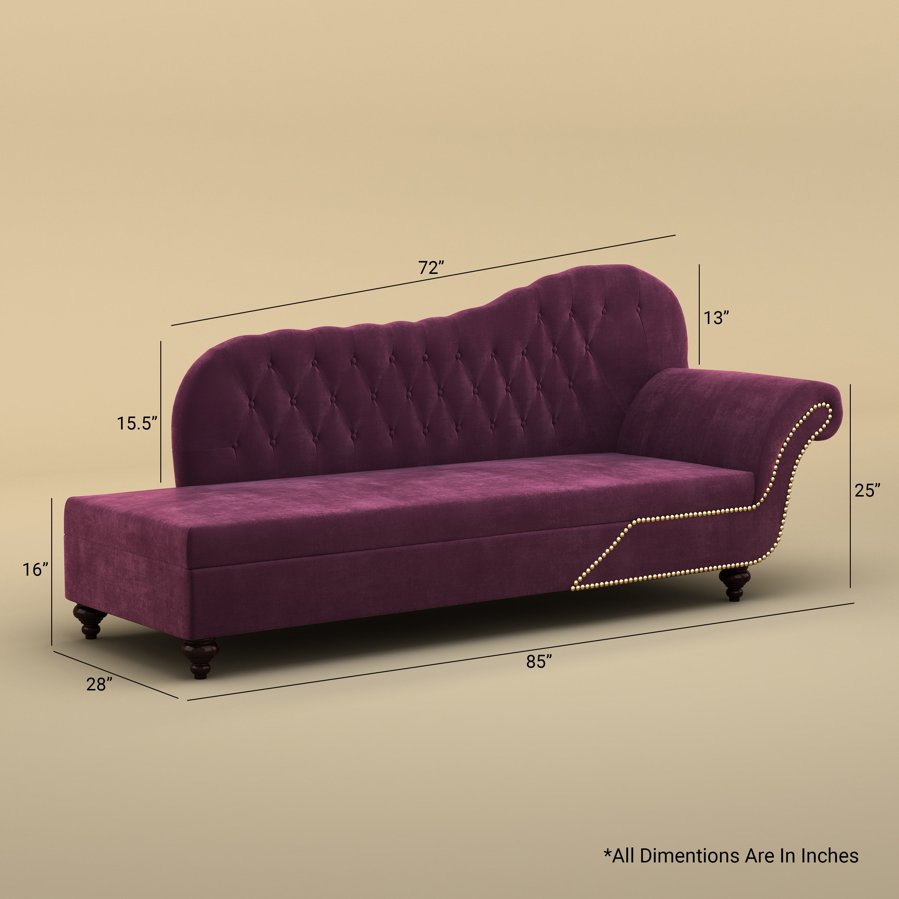 Avon Chaise Lounger Sofa (Velvet, Dark Purple)