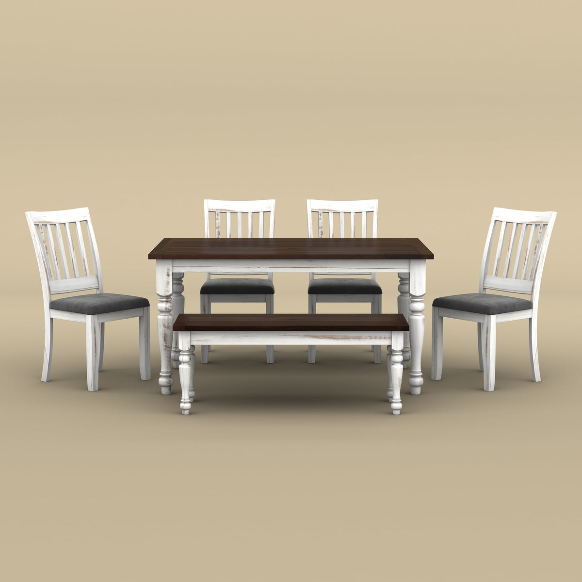 Sunburst 6 Seater Dining Table Set with Bench (Distress & Walnut Finish)