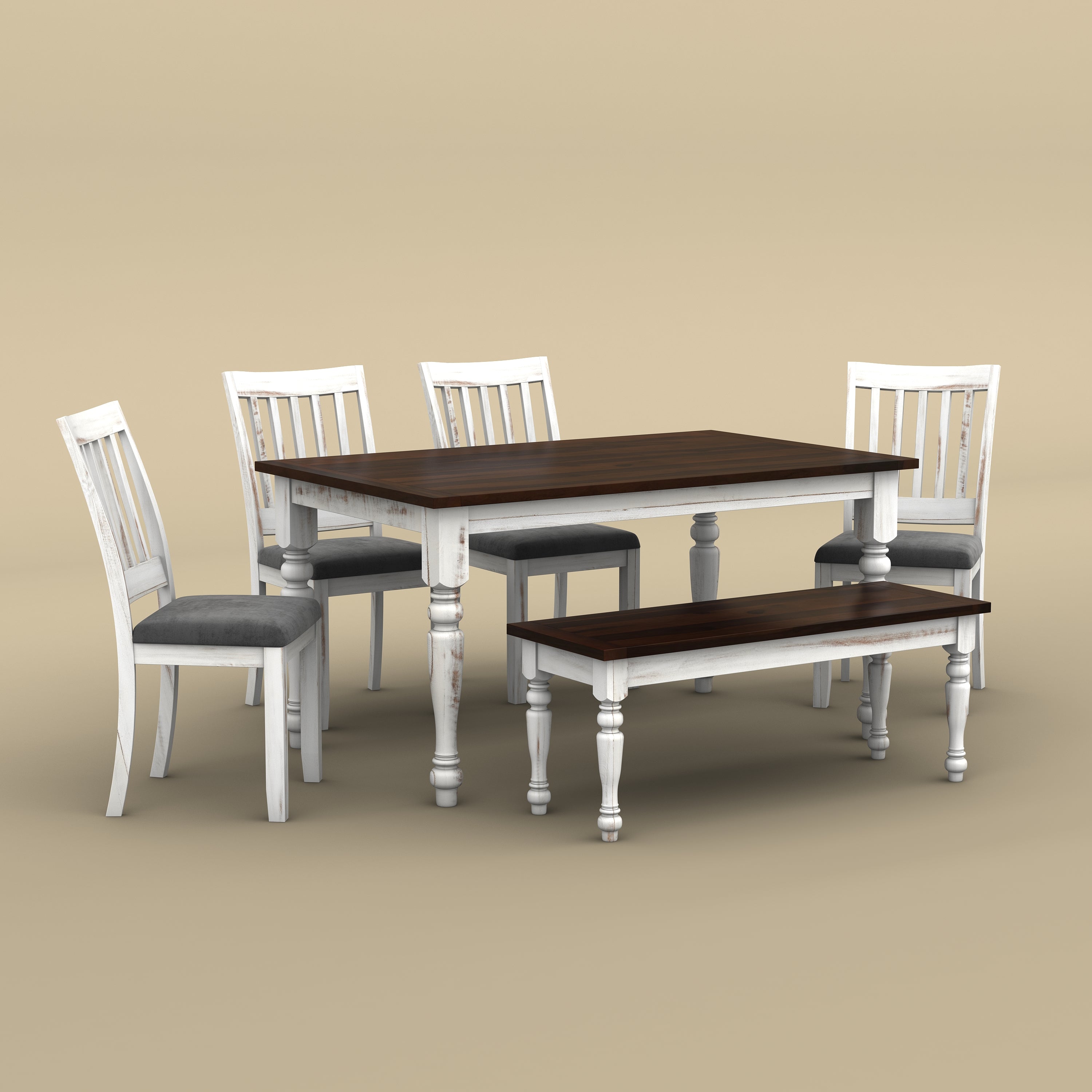 Sunburst 6 Seater Dining Table Set with Bench (Distress & Walnut Finish)