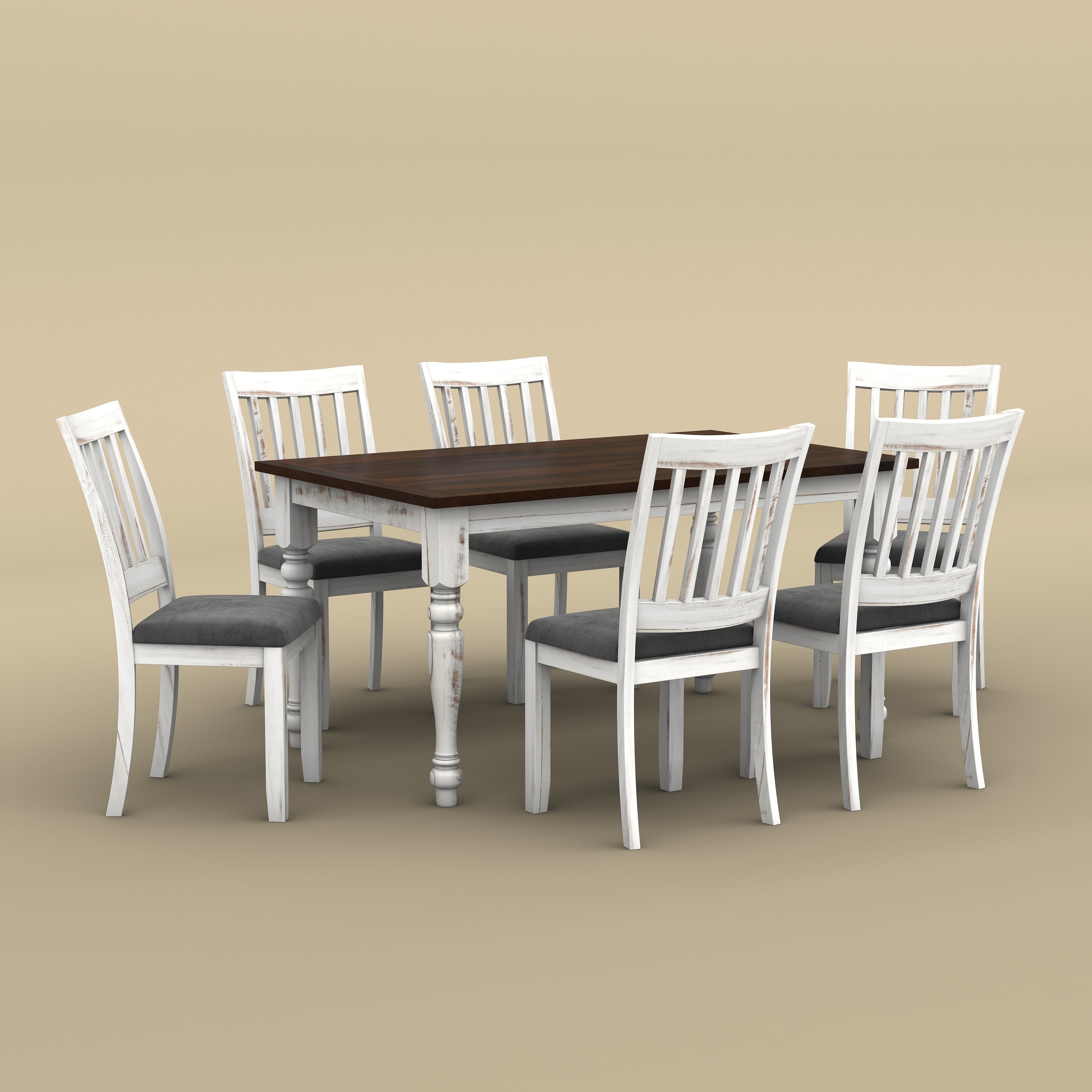 Sunburst 6 Seater Dining Table Set (Distress & Walnut Finish)