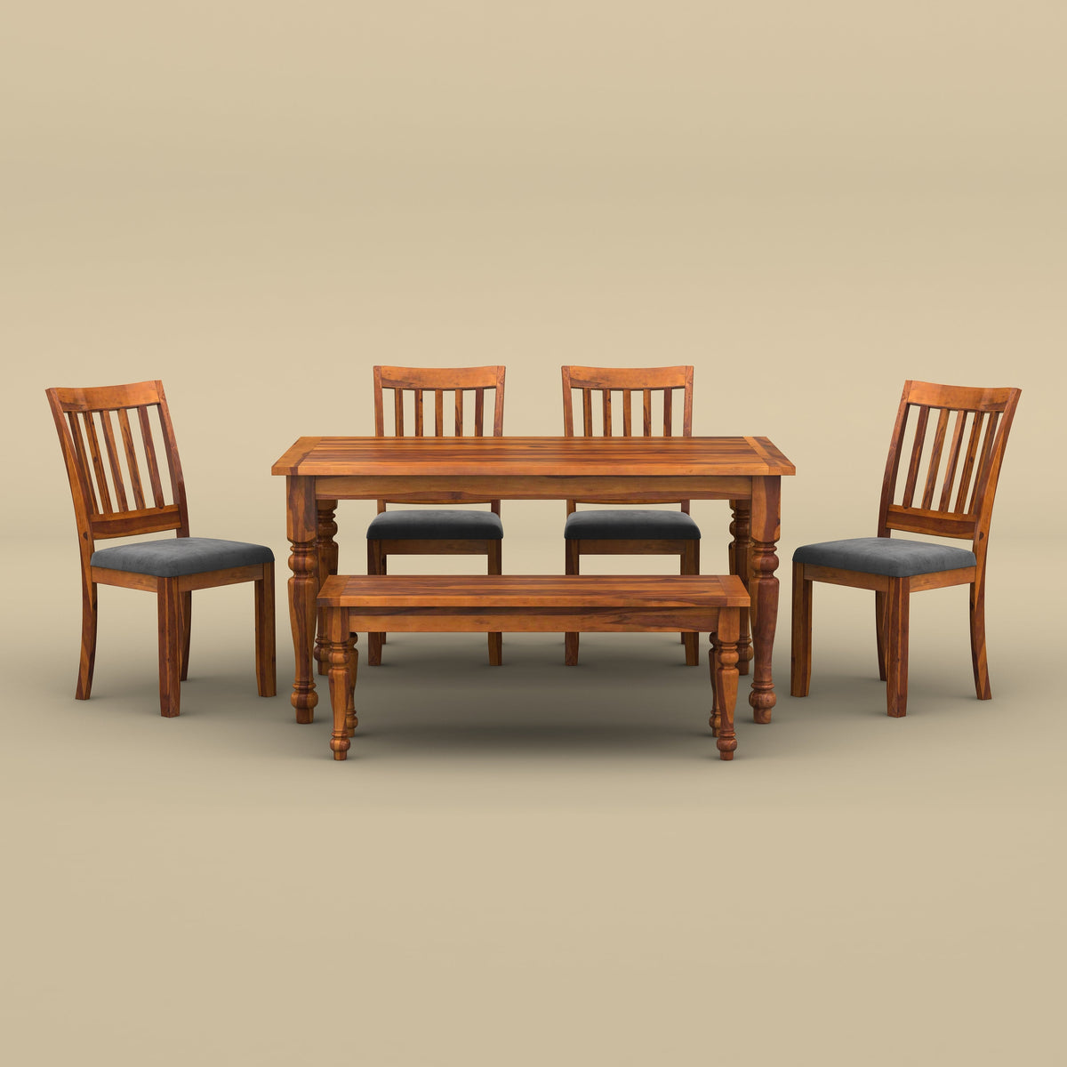 Sunburst 6 Seater Dining Table Set with Bench (Honey Finish)