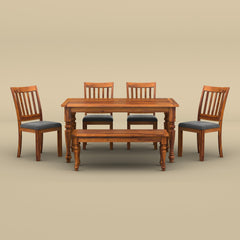 Sunburst 6 Seater Dining Table Set with Bench (Honey Finish)