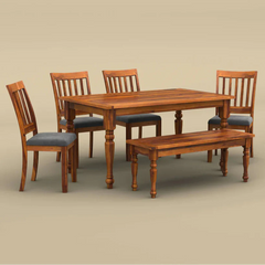 Sunburst 6 Seater Dining Table Set with Bench (Honey Finish)