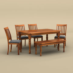 Sunburst 6 Seater Dining Table Set with Bench (Honey Finish)