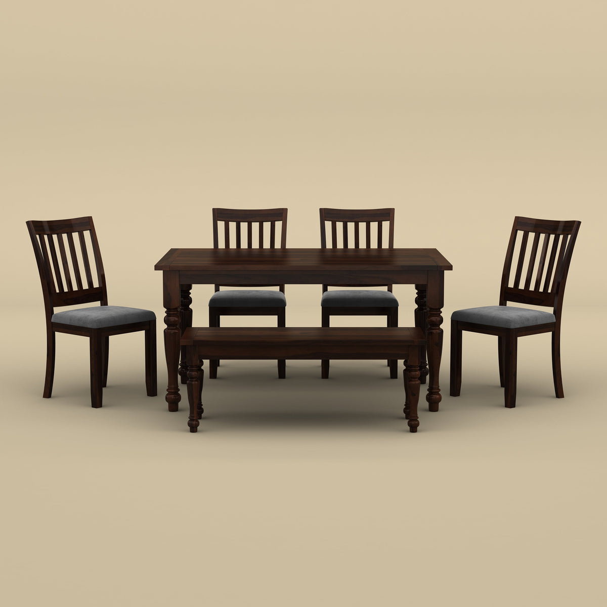 Sunburst 6 Seater Dining Table Set with Bench (Walnut Finish)