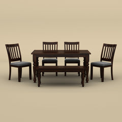 Sunburst 6 Seater Dining Table Set with Bench (Walnut Finish)