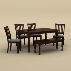 Sunburst 6 Seater Dining Table Set with Bench (Walnut Finish)